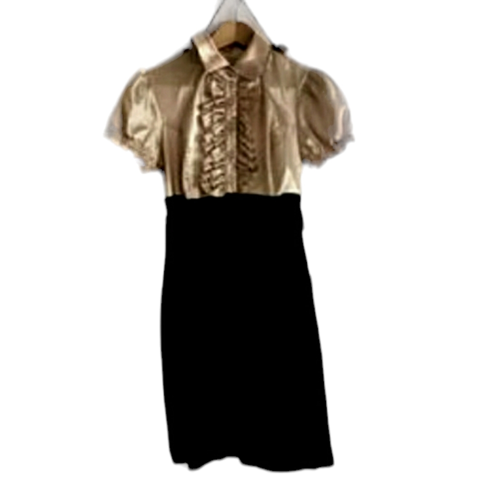 Faux Skirt and Blouse Look Knee Length Dress in Tan Satin & Black size 8 - Picture 2 of 10